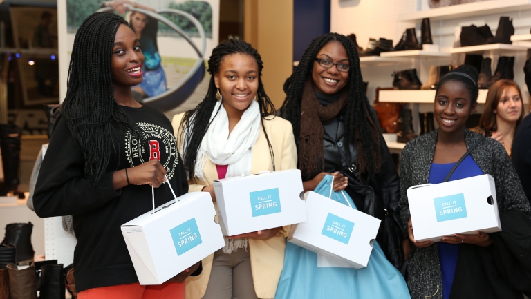 Group of female college students with sampling campaign gift boxes